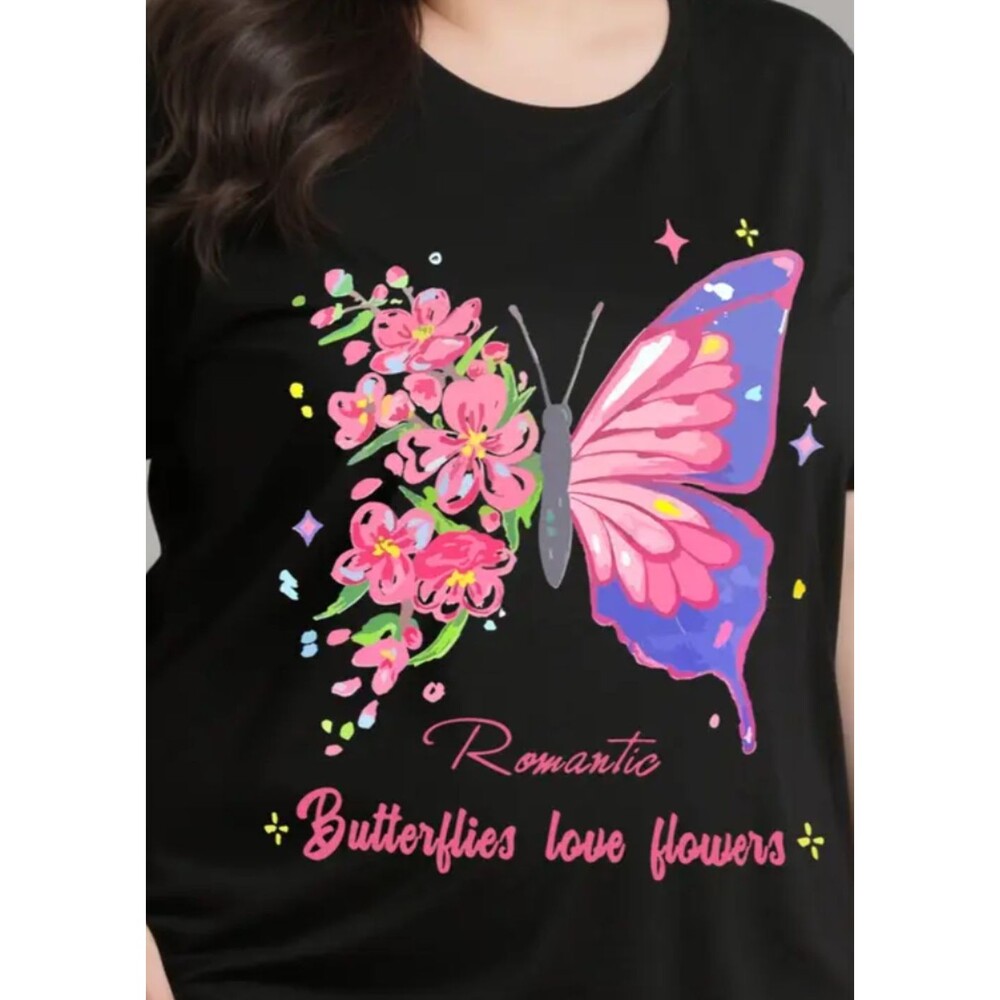 Pink Butterfly T-shirt Women's Large Black Butterflies Love Flowers